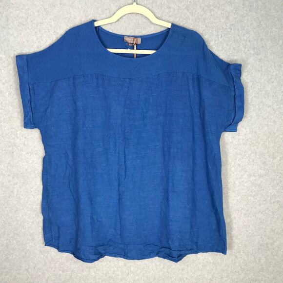 Saiph Lab Top Women 1X Blue Linen Cotton Blouse Shirt Oversize Lagenlook Texture - Picture 1 of 12